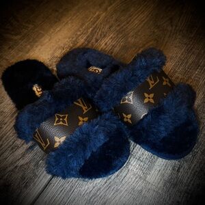 Women's Deep Blue and Brown Designer Slippers